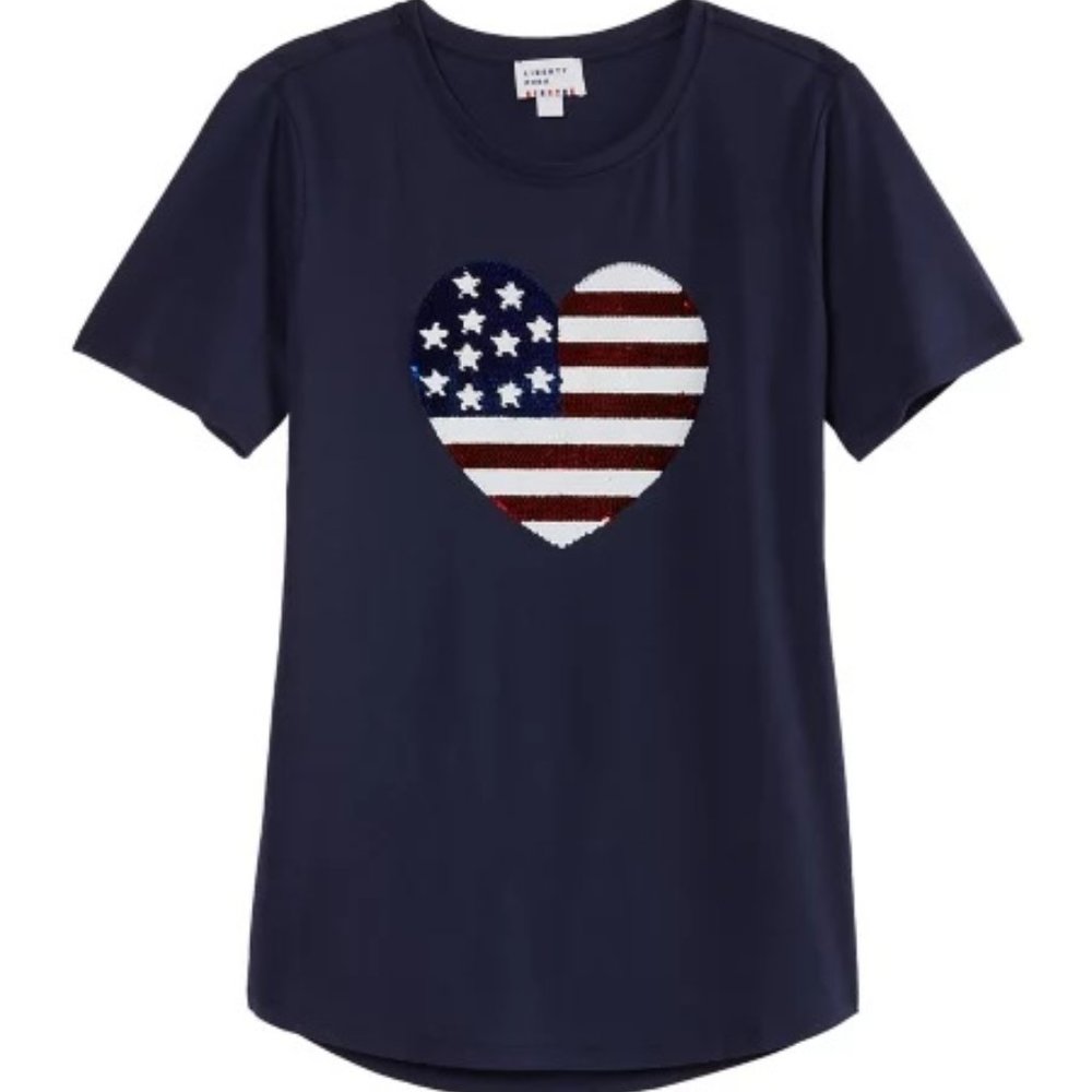 New Directions Women’s Flip Sequin Heart American Flag Navy Crew Neck Top NWT